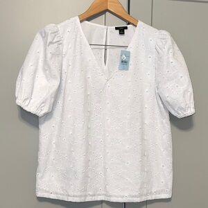 Ann Taylor White Eyelet V-Neck Blouse